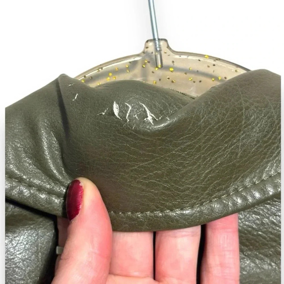 Flamant Rose Olive Green Cropped Silver Hardware Details Faux Leather Jacket - Picture 10 of 16